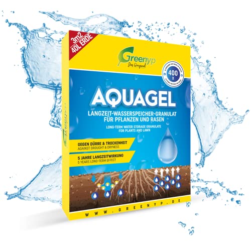 Greenyp Aquagel I Langzeit Wasserspeicher Granulat für Pflanzen, Bäume und Rasen gegen Dürre & Trockenheit I 60g für 40L Pflanzerde oder 3m² I speichert das 400-fache an Wasser I Superabsorber von Greenyp Das Original