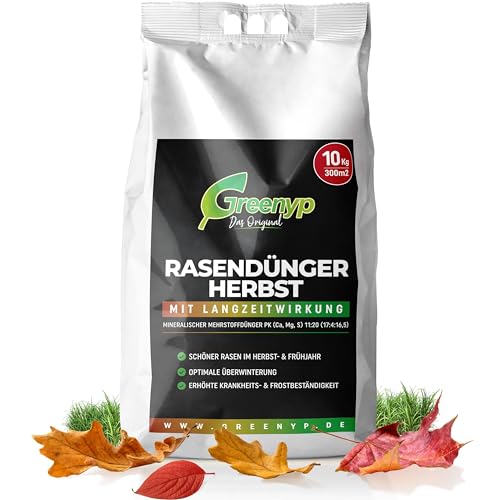 Greenyp Herbstrasendünger Langzeit (10kg / 300m²) I mit 90 Tage Langzeitwirkung + extra Kalium I macht den Rasen Winterfest & Tiefgrün I Herbstdünger Rasen Rasendünger Herbst von Greenyp Das Original