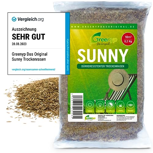 Greenyp® Sunny I dürreresistenter Trockenrasen I 0,2kg für 10m² I Grassamen Rasensamen Rasensaat Gras Nachsaat schnellkeimend von Greenyp Das Original