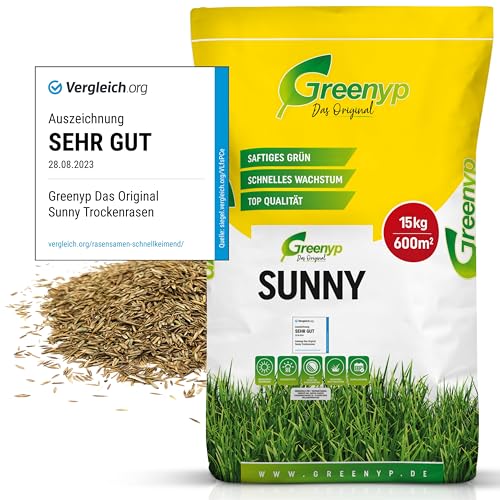 Greenyp® Sunny I dürreresistenter Trockenrasen I 15kg für 600m² I Grassamen Rasensamen Rasensaat Gras Nachsaat schnellkeimend von Greenyp Das Original