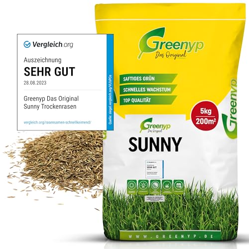Greenyp® Sunny I dürreresistenter Trockenrasen I 5kg für 200m² I Grassamen Rasensamen Rasensaat Gras Nachsaat schnellkeimend von Greenyp Das Original