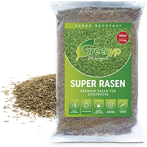 Greenyp® Super Rasen I sattgrüner Premium Zierrasen Nachsaat I Traumrasen Grassamen Rasensamen Rasensaat Gras besonders dichtwachsend 2,5kg für 100m² von Greenyp Das Original