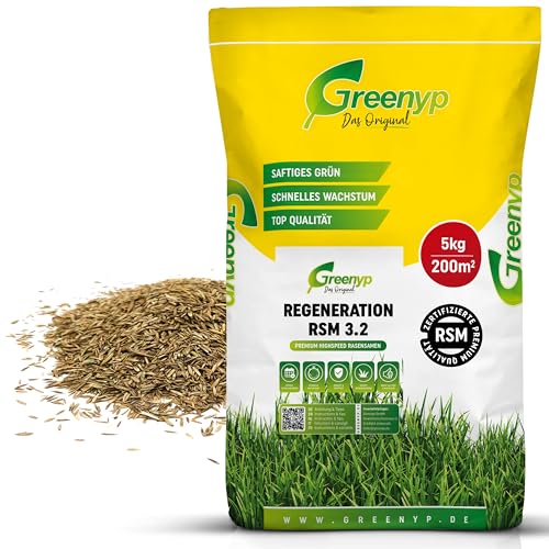 Greenyp Turbo Nachsaat RSM 3.2 I Rasensamen schnellkeimend Frühjahr I 5kg für 200m² I Ideal gegen Lücken als Neu- & Nachsaat I 100% RSM Rasensamen I Grassamen Rasensaat Gras Reparaturrasen von Greenyp Das Original