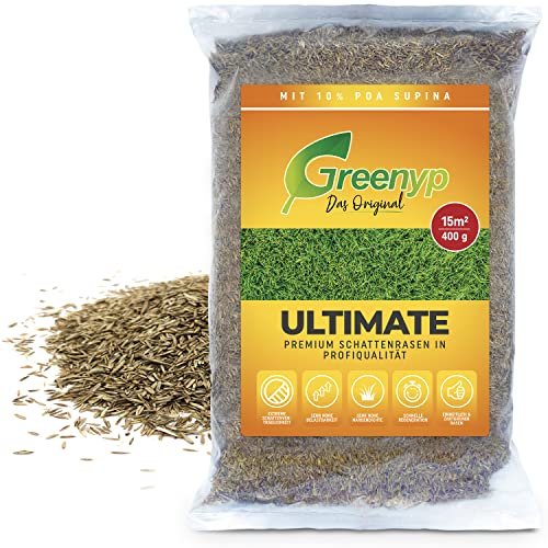 Greenyp® Ultimate I Premium Schattenrasen mit 10% Poa Supina I 0,4kg für 15m² I Nachsaat Grassamen Rasensamen Rasensaat Gras für besonders schattige Plätze von Greenyp Das Original