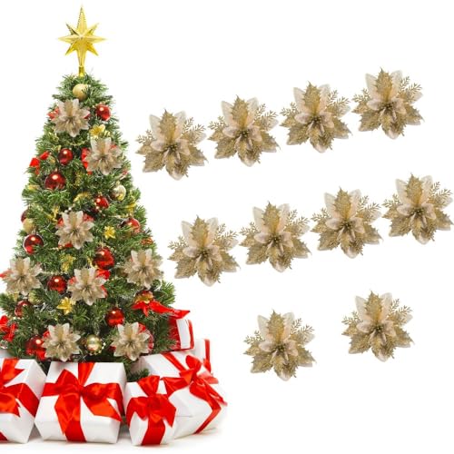 10Stück Weihnachten Baum Blumen,Weihnachtsstern Künstlich Dekorationen,14cm Weihnachtsbaum Kränze Girlande Dekoration Glitter Blumen Picks Dekor für Weihnachten Neujahr Hochzeit Party Ornamente von Greenyre