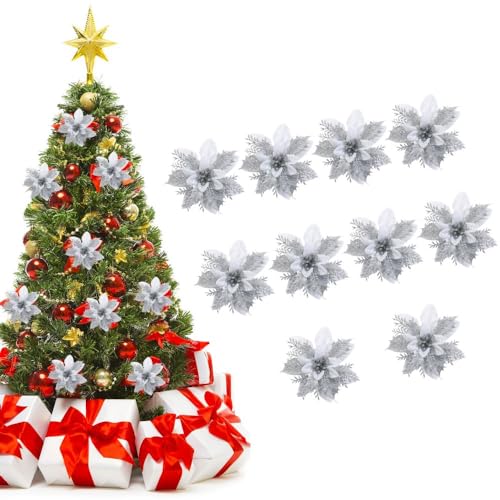 10Stück Weihnachten Baum Blumen,Weihnachtsstern Künstlich Dekorationen,14cm Weihnachtsbaum Kränze Girlande Dekoration Glitter Blumen Picks Dekor für Weihnachten Neujahr Hochzeit Party Ornamente von Greenyre