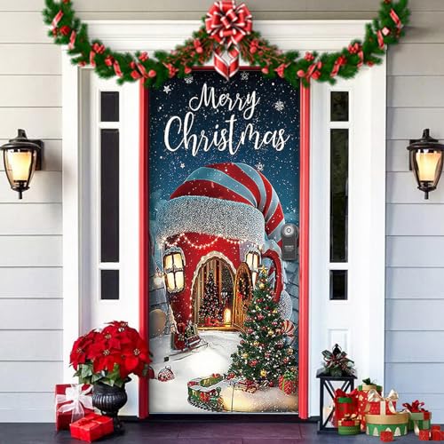 Greenyre Weihnachten Tür Abdeckung Dekoration,91cm x 203cmWeihnachtsmann Tür Decke Weihnachten Tür Hängen Banner Hintergrund, Weihnachtsbanner für Haus Haustür Veranda Weihnachten Deko von Greenyre