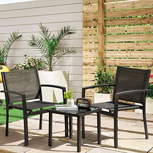 Greesum 3 Stück Terrassenmöbel Outdoor Bistro Set Textil Stoff Stuhl für Rasen, Garten, Balkon, Pool mit Glas Couchtisch, Schwarz von Greesum