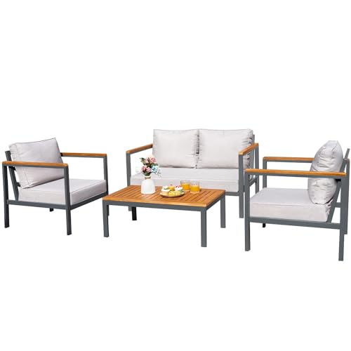 Greesum 4-teiliges Möbel-Set für Terrasse, Lounge, Gesprächsset, Massivholz, Armlehne und Tischplatte, Anti-Drop, dick, wasserdicht, Einheitsgröße, Beige von Greesum
