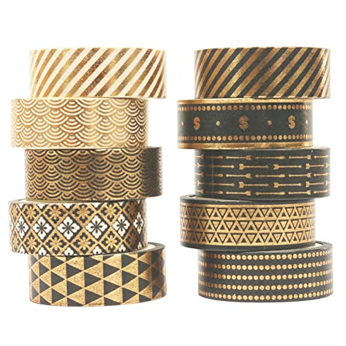 Grekywin 10 Rollen Washi Tape Set, 10mm Breit Schwarz & Gold Dekorative Muster Foliendruck Masking Tape Dekor für Scrapbook, Bullet Journal, Geschenkverpackung (5m) von Grekywin