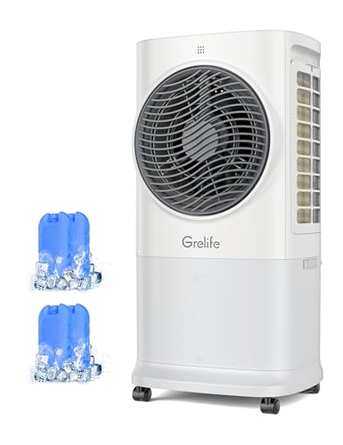 Grelife - 3 in 1 tragbare Klimaanlage, 400 sq ft Verdunstungsluftkühler mit 1,72 Gallonen Tank und 4 Kühlakkus, 360 ° Oszillation, 30 Windgeschwindigkeit von Grelife