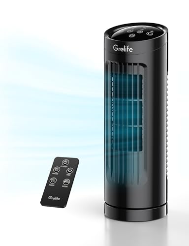 Grelife Turmventilator mit Fernbedienung, 85° Ventilator Oszillierend, Leiser Turmventilator mit 3 Windgeschwindigkeiten und Modi, Tischventilator geeignet für Büro, Schlafzimmer, Wohnzimmer von Grelife