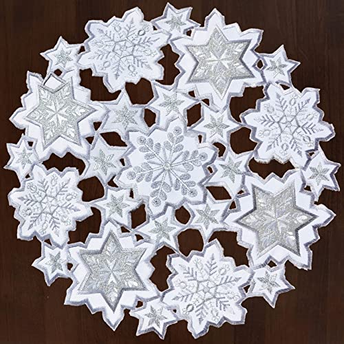Grelucgo Bestickte silbergraue und weiße Schneeflocken, runde Tischdeckchen für Weihnachten, Urlaub oder Winter (runde 38,1 cm Deckchen (4 Stück) von Grelucgo
