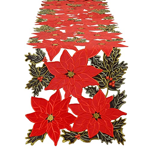 Grelucgo Bestickter Tischläufer mit Weihnachtsstern auf schwarzem Hintergrundstoff (33 x 172,7 cm) von Grelucgo