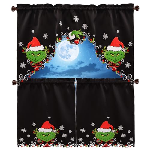 Grelucgo Besticktes Weihnachtsvorhang-Set für Küchenfenster, mit Tasche, Girlande und Etagen, Grinch von Grelucgo