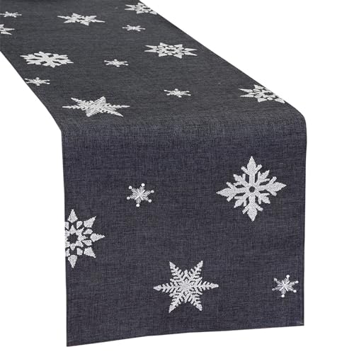 Grelucgo Tischläufer mit Kreuzstich und Schneeflocken, für Weihnachten und Winter, 35,6 x 172,7 cm, Dunkelgrau von Grelucgo