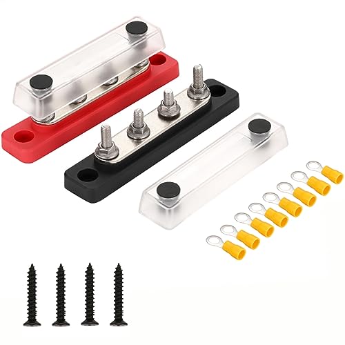 Greluma 1 Paar 4-Positionen-Sammelschiene DC 12–48 V,100 A,4-Wege-Batterie-Stromverteilungsklemmenblock mit transparenter Abdeckung von Greluma