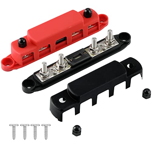 Greluma 1 Paar M8 (5/16") 4-Bolzen-Stromverteiler-Block, 4-Wege-12-48-V-Sammelschiene mit 300-A-Sicherung von Greluma