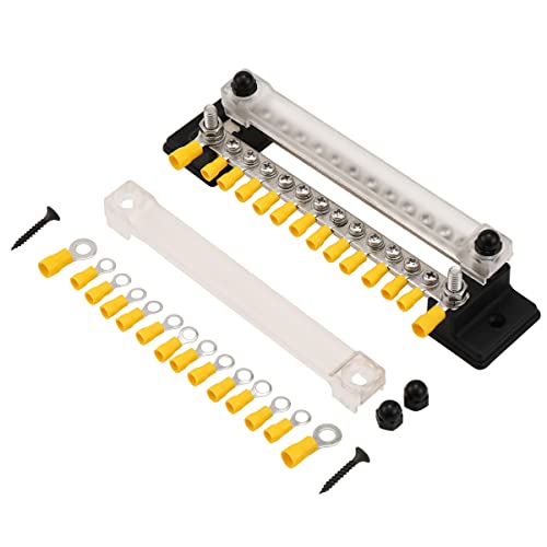 Greluma 1 Stück 150 A Stromverteilerblock-Sammelschiene mit Ringklemmen, Zweireihige 12-Wege-Sammelschiene für Auto, Marine, Boot, 4 x M6-Bolzen, 24 x M4-Schraube von Greluma