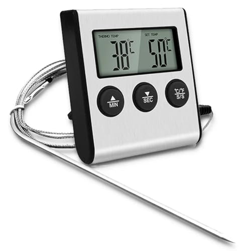 Greluma 1 Stück Digitales LED-Thermometer mit Sonde, Lebensmittelthermometer mit Timer-Funktion, Koch- und Grillthermometer für BBQ-Ofengrill, Batterie nicht im Lieferumfang enthalten von Greluma