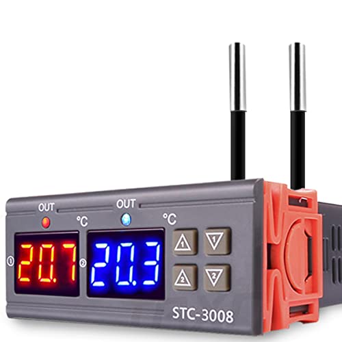 Greluma 1 Stück STC-3008 DC 12V Temperaturthermostatregler,digitaler Temperaturregler mit Dual-Display und Dual-NTC-Sondensensor,Heiz- und Kühlmodus von Greluma