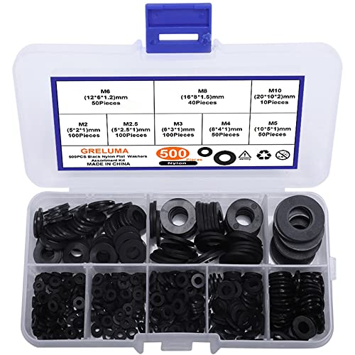 Greluma 500 Stk M2 M2,5 M3 M4 M5 M6 M8 M10 Kunststoff Scheibe Nylon Unterlegscheibe Sortiment,Schwarz von Greluma