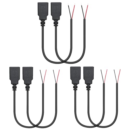 Greluma 6 Stk USB 2.0 Buchse, 2 poliger blanker Draht, 30 cm USB A 12V/3A Buchse Pigtail Stromkabel mit offenem Ende von Greluma