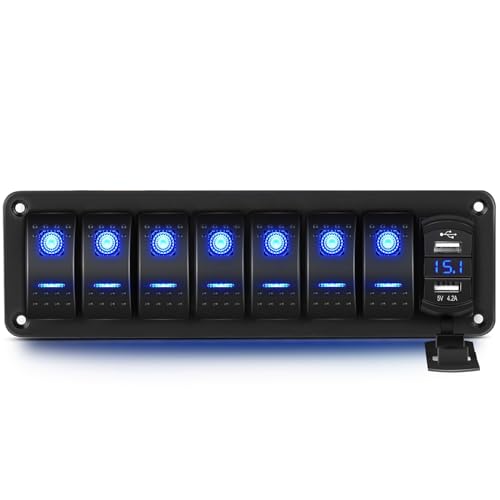 Greluma 7 Gang Wippschalter Aluminiumplatte mit Voltmeter und Dual USB (4.2A) Schnellladung, blau beleuchtete LED, vorverdrahtet, IP65 wasserdicht für Marine, Boot, Auto, LKW (blau) von Greluma