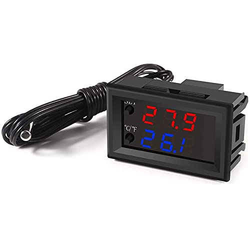 Greluma DC 12V Temperaturregler Programmierbar -50 bis 110 °C (-58 bis 230 °F), Rot/Blau LED-Anzeige Monitor Heizung/Kühlung Thermostat Steuermodul mit NTC 10K wasserdichte Sensorsonde von Greluma