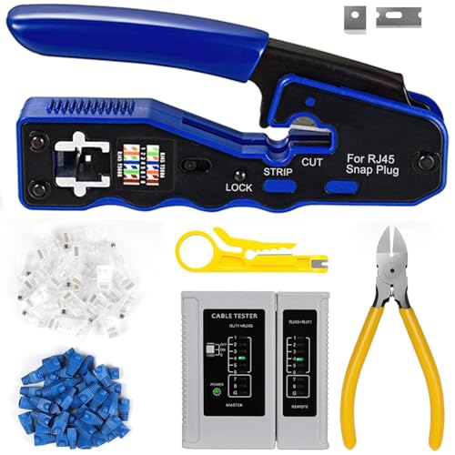 Greluma RJ45 Crimpwerkzeug Set für Durchgangs und Cat6 Cat6A Cat5 Cat5e Crimpzange mit 20 RJ45 Cat6 Durchgangssteckern, 20 Abdeckungen, 1 Netzwerkkabeltester, 1 Abisolierzange, 1 Schneider von Greluma