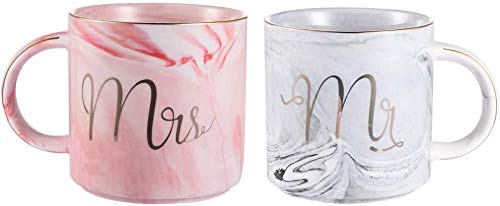 Greneric Mr und Mrs Tassen Keramik Kaffeetassen Marbling mit goldenen Mustern, perfekt für Kaffee, Tee und Wasser, 400 ml, 2 Stücke, Geschenk für Hochzeit Valentinstag Jubiläum und Weihnachten von Greneric