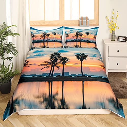 Greneric Palme Bettbezug Atoll Lake Bettwäsche Set Miami Florida bei Sonnenaufgang Trösterbezug für Kinder Jungen Mädchen Teen Atlantik Naturszene Bettbezug mit 135x200 Gold Blue Black von Greneric