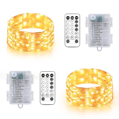 Gresonic 2 Stück 10M 100 LED Lichterkette Innen Batterie, 12 Modi Timer Silberdraht Micro Lichterkette IP44 Wasserdicht Warmweiß mit Fernbedienung für Außen Garten Hochzeit Balkon von Gresonic