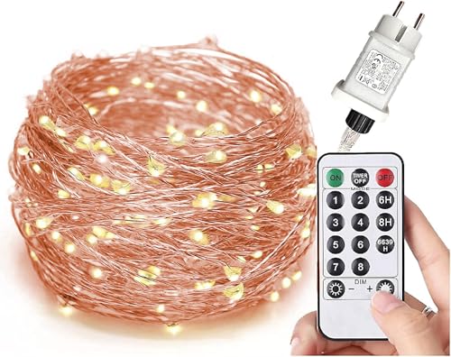 Gresonic 200er LED Mikro Kupferdraht Lichterkette Strombetrieb Deko für Innen Außen Warmweiß (Kupferdraht Warmweiß 8 Modi Timer Dimmbar, 200LED) von Gresonic