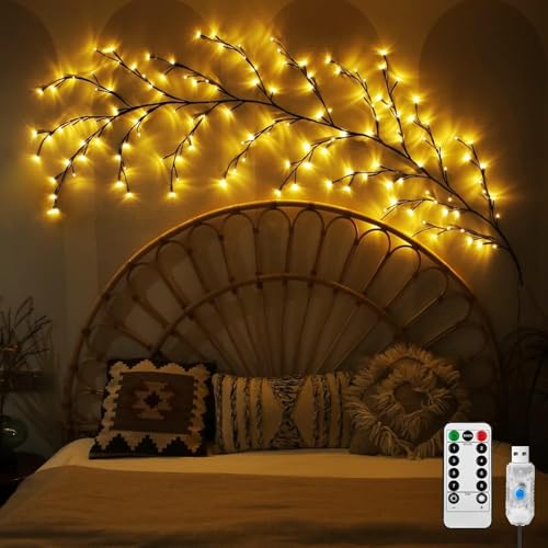 Gresonic 230cm 144 LED*2 Lichterkette Willow Vine,LED Baum Wanddeko Wohnzimmer,Willow Vine mit Fernbedienung, 8 Modi, USB-Betriebene Timer, Künstliche Lichterzweige Schlafzimmer Deko von Gresonic