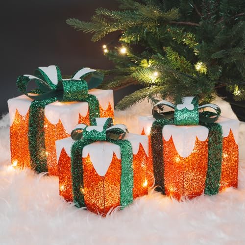 Gresonic 48LED mit 3er Geschenke Leucht Boxen Batteriebetrieben Weihnachts Dekoration Weihnachtsdeko Weihnachten (Schnee, 24LED+16LED+8LED) von Gresonic