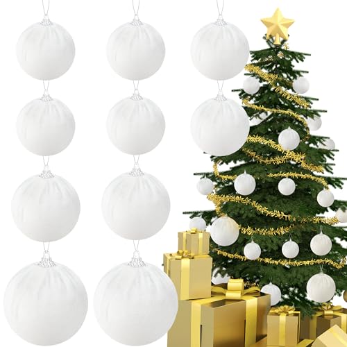 Gresorth 10 Stück Samt Handgefertigt Verzierung Kunststoff Bruchsicher Fabrik Eingewickelt Kugel Beflockt Hängend Weihnachten Baum Heim Kamin Weiß von Gresorth