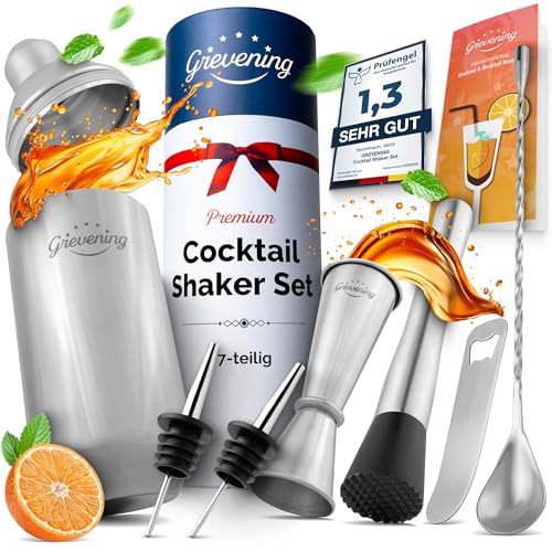 Grevening Cocktail Shaker Set 7-teiliges Cocktail Set mit Rezeptbuch für Anfänger und Profi Barkeeper, Shaker Edelstahl 304 Premium, Cocktailshaker Set Geschenk für Männer von Grevening