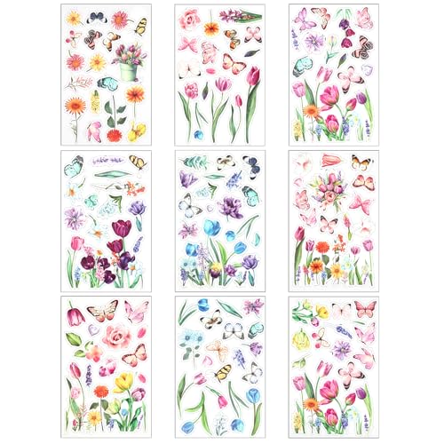 9 Stück Fenster Aufkleber Deko Blumen,Tulpe Fensteraufkleber mit Schmetterling Blumen,selbstklebend Blumen Fenstersticker Wasserfester Fenster Aufkleber für Zuhause,Schaufenster,Glasdeko von Grevosea