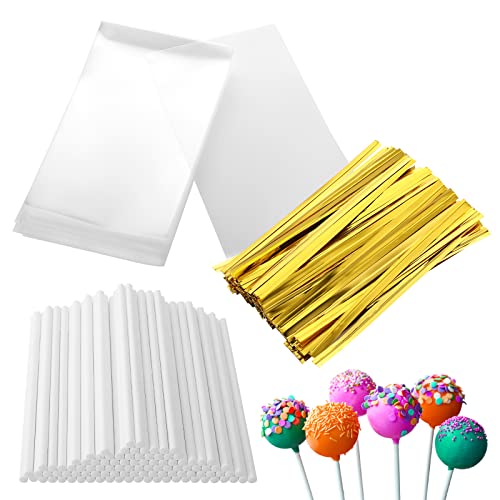 Grevosea 100 Stück Cake Pop Stiele Set, Cake Pop Sticks 100 Stück Cake Pop Stiele mit Süßigkeiten Tüten 100 Twist Krawatten für Lutscher Süßigkeiten Kekse Gebäcke Cake von Grevosea