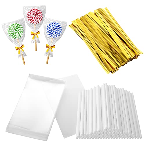 Grevosea 300 Stück Cake Pop Sticks Set,cake pop stiele,cake Pop Tüten Set Cake Pop Stiele Set,100 Lollipop-sticks 100 Cellophantüten Klar Klein mit 100 Twist Krawatten für Gebäcke Süßigkeiten von Grevosea