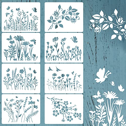 Grevosea 8 Stück Malerei Schablonen Set Kirschblüte Blumen Wildblumen Wiederverwendbare Zeichenschablone Kleine Schablonen Zum Malen Von Möbeln DIY Heim dekoration von Grevosea