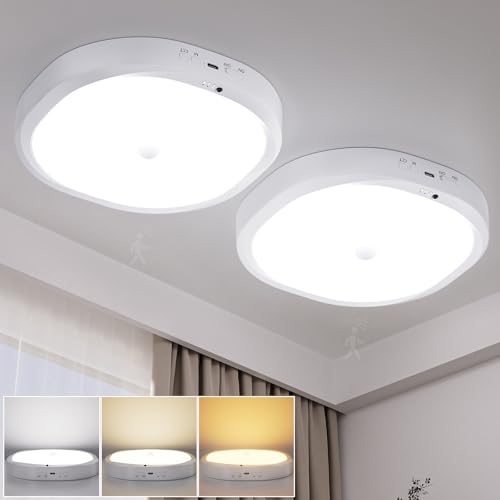 LED Deckenleuchte mit 10000mAh Akku Wiederaufladbar, 19cm Deckenlampe Dimmbar mit Bewegungsmelder, 3 Farbtemperaturen, Fernbedienung mit Timer, Lampe für Flur,Keller,Treppenhaus,Badezimmer, 2 P von Grevoxy