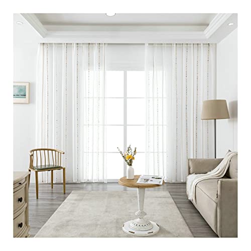 Grewod Gardinen Transparent Bunt Streifen Bestickt Sheer Voile Vorhang, 214x102cm(HxB), 2er Set, mit Ösen, Polyester von Grewod