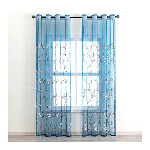 Grewod Gardinen Transparent mit Ösen Blau Blumen Bestickt Sheer Voile Vorhang, 214 x 137 cm (H x B), 2er Set, Polyester von Grewod