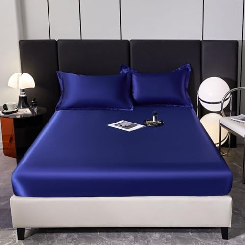 Grewod Matratzenschoner Spannbettlaken 200x220cm Höhe 20 cm, Satin Spannbetttuch Marineblau Einfarbig Spannleintuch von Grewod