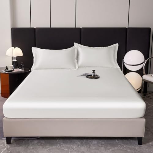 Grewod Spannbettlaken 180x200 Boxspringbett Höhe 20 cm, Satin Spannbetttuch Weiß Einfarbig Spannleintuch von Grewod