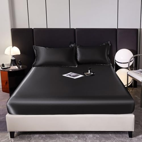 Grewod Spannbetttuch 180x200cm Spannbettlaken Höhe 20 cm, Satin Bettlaken Schwarz Einfarbig Spannleintuch von Grewod