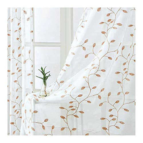 Grewod Vorhänge Halbtransparent Beige Blätter Bestickt Sheer Voile Vorhang, 160x132cm(HxB), 2er Set, mit Stangendurchzug, Polyester von Grewod