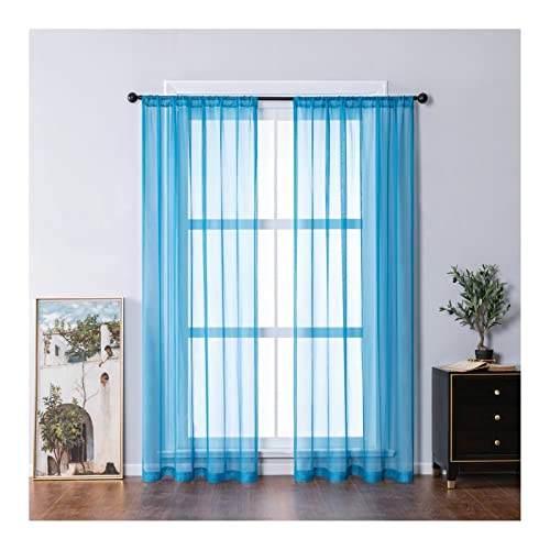 Grewod Vorhang Voile Blau Einfarbig, 214 x 102 cm (H x B), 2er Set, mit Stangendurchzug, Polyester Transparent von Grewod